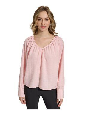 Calvin Klein Womens V Neck Bishop Sleeve Blouse Size XS Pink MSRP $80